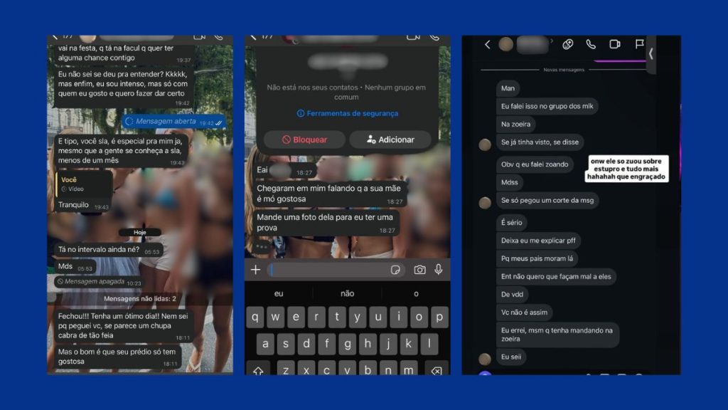 Captura de tela de mensagens onde calouro divulga número da vítima e incentiva ataques em grupo de amigos.