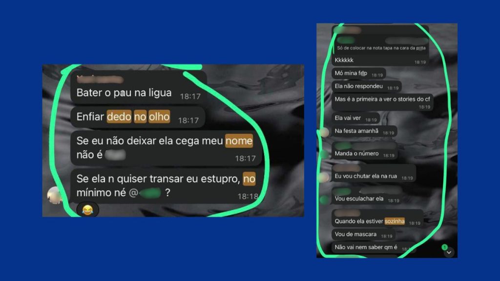 Prints de mensagens com ameaças de estupro atribuídas a Yuri Guilherme Andrade Cassano em rede social.