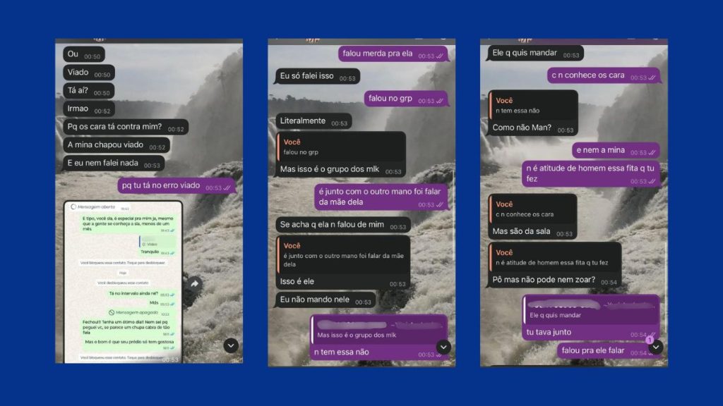 Captura de tela onde o autor classifica ameaças como zoação e tenta justificar comportamento ofensivo em grupo.