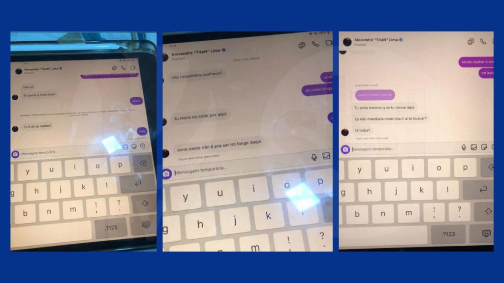 Captura de tela de mensagens de teor sexual atribuídas ao streamer Alexandre TitaN Lima em investigação.