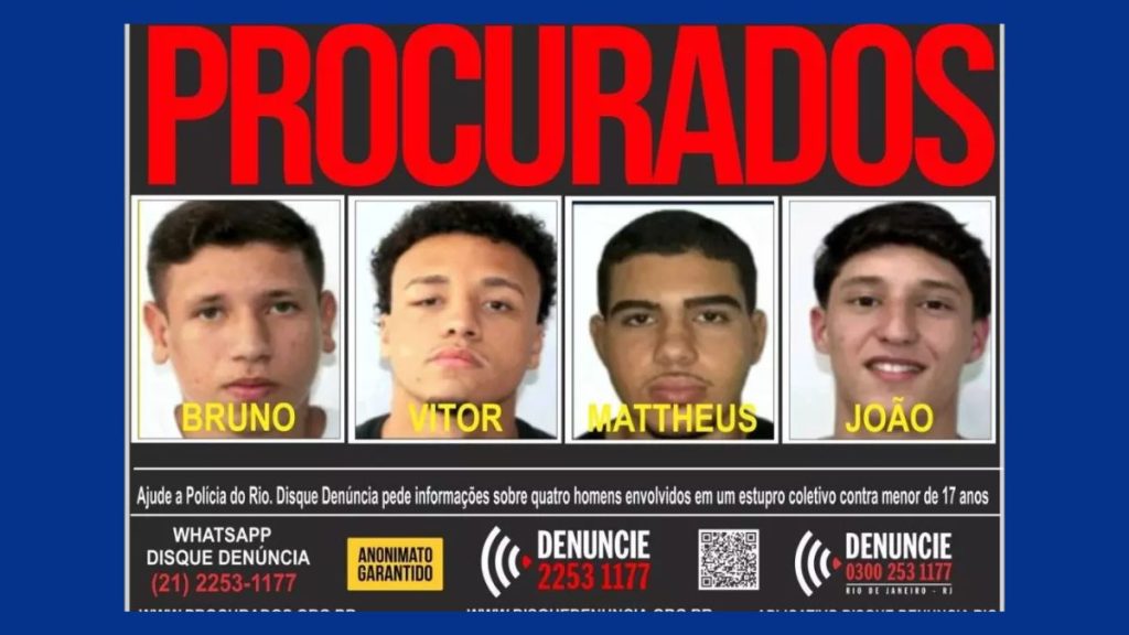 Cartaz do Disque Denúncia com rostos de suspeitos procurados por estupro coletivo em Copacabana.