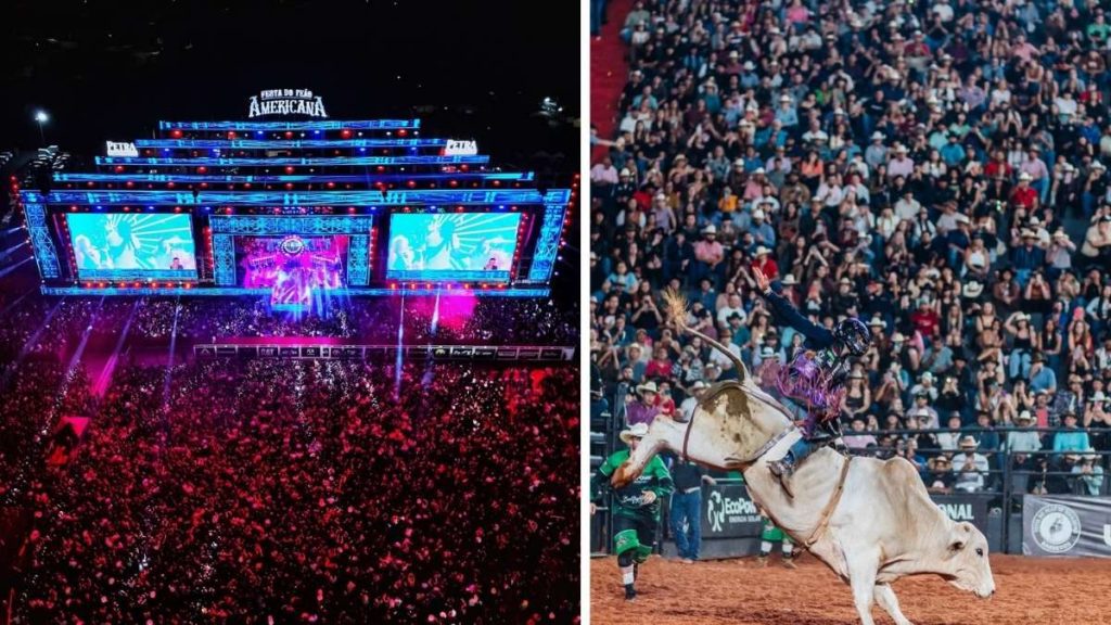 Peão em prova de montaria em touro durante festa do peão e rodeios em SP 2026, tradição do interior paulista.
