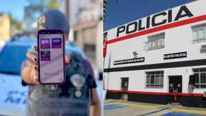 Interface do aplicativo SP Mulher Segura com destaque no botão SOS acionado por vítima em Santos.