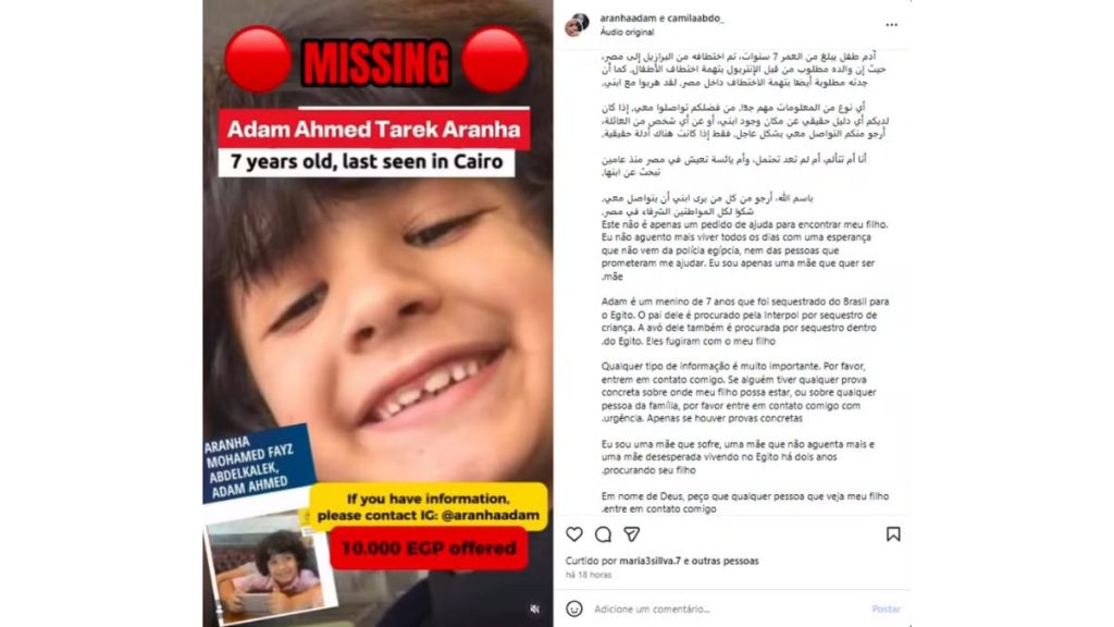 Mãe brasileira oferece recompensa por informações de filho levado ao Egito em disputa de guarda.