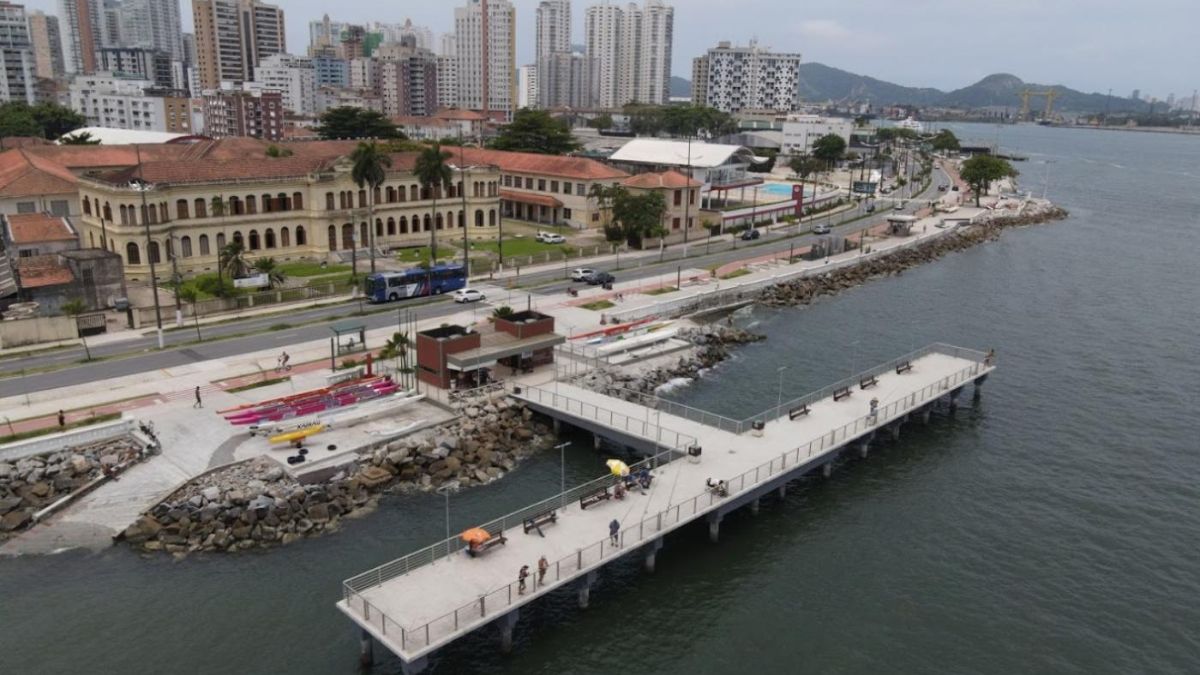 Vista panorâmica do bairro Ponta da Praia em Santos com orla arborizada e prédios residenciais modernos.