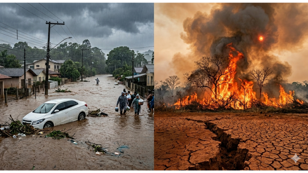 Infográfico sobre extremos climáticos no Brasil com variações de chuva e calor sob influência do El Niño.
