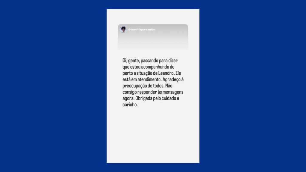 Donminique Santos esposa de Leandro Boneco do BBB 26 comentando sobre atendimento médico e saúde do brother.