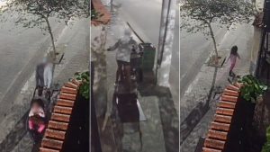 Câmera de monitoramento flagra agressão de mulher contra criança com tapas no rosto em Santos, litoral de SP.
