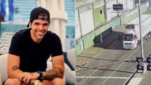 Ciclista Lucca Guaglianone Varandas Pereira atingido por caminhão em registro de câmera de monitoramento.