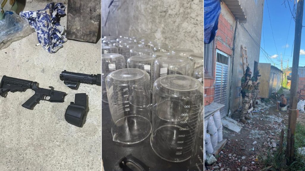 Agentes da Polícia Civil em ação tática com 365 policiais para desarticulação de laboratório de drogas e prisões.