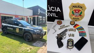 Viatura da Polícia Civil em São Vicente durante ocorrência de violência doméstica e posse ilegal de munição.