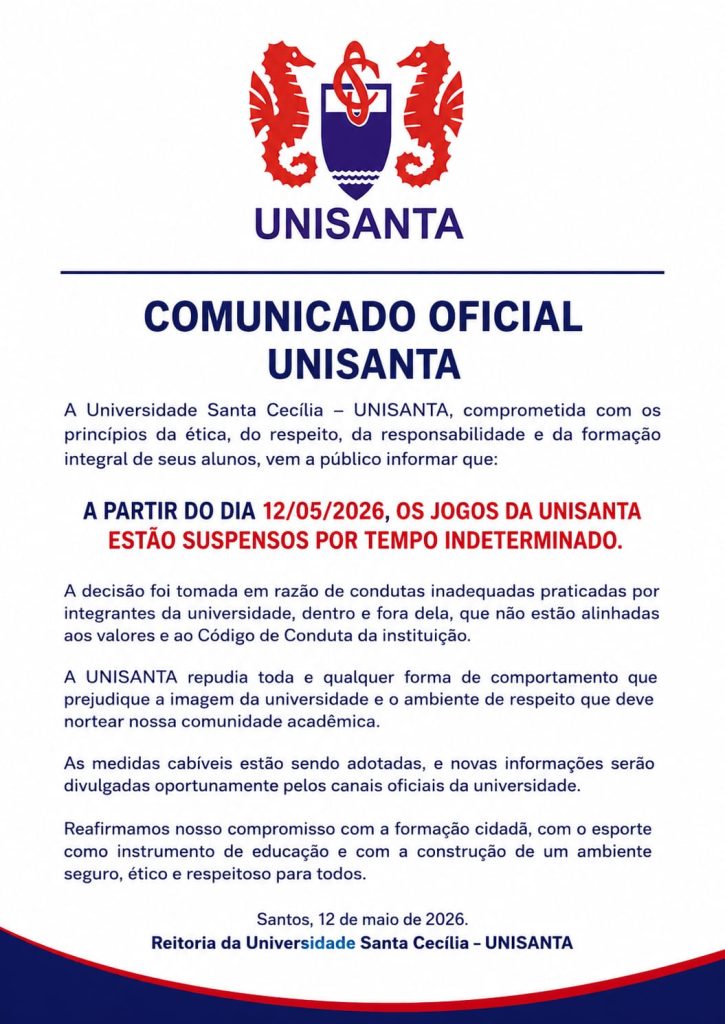Comunicado oficial da Unisanta sobre Socos e empurrões entre estudantes em confusão durante jogos universitários em Santos.