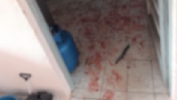 chão com sangue e faca usada por homem, preso após tentar matar mulher e criança de 6 anos a facadas em Sumaré