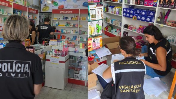 Agentes da Polícia Civil e Vigilância Sanitária em ação contra venda ilegal de medicamentos em Bragança Paulista.