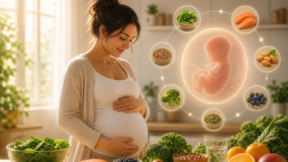 Representação da biologia do corpo feminino e saúde integral da mulher em homenagem ao Dia das Mães.