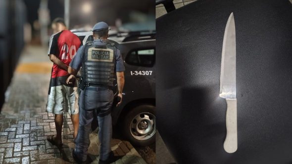 Viatura da Polícia Militar em Piracaia após prisão em flagrante por roubo com faca no Vila Biarritz.