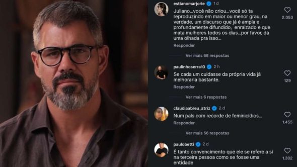 Ator Juliano Cazarré em divulgação de evento para homens alvo de críticas e comentários controversos.
