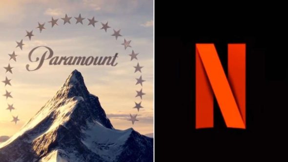 Logotipos da Paramount e Netflix em disputa estratégica pela aquisição da Warner Bros Discovery.