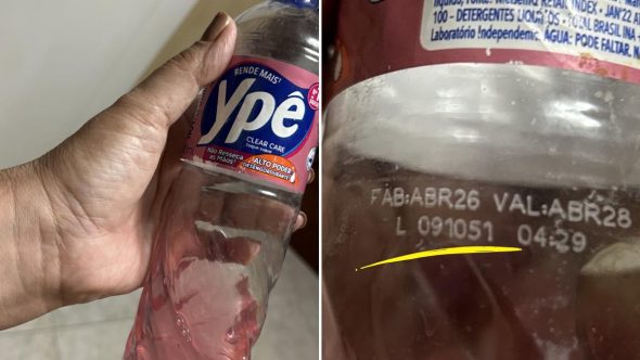 Detergente Ypê em pia de cozinha ilustrando alerta da Anvisa sobre recolhimento de lotes específicos.