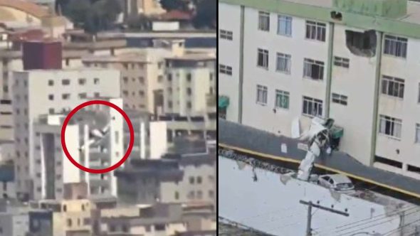 Avião monomotor de pequeno porte caído em prédio residencial de Belo Horizonte após decolar da Pampulha.