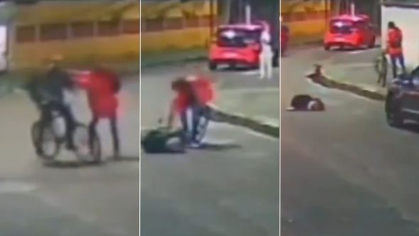 Registro de câmera de segurança mostra agressão contra Adalto Mello em Santos, litoral de São Paulo.