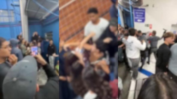 Estudantes em briga e correria durante competição universitária em Santos, litoral de São Paulo.
