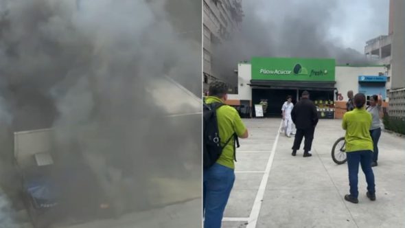 Unidade do mercado Pão de Açúcar pega fogo e três funcionários são hospitalizados em Santos; VÍDEO