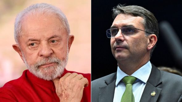 Lula e Flávio Bolsonaro lado a lado ilustrando empate técnico na pesquisa Genial/Quaest para presidência.