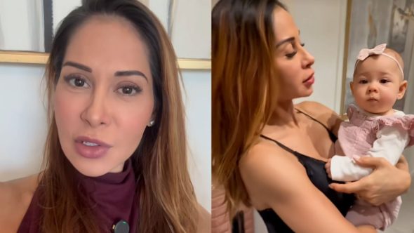 Maíra Cardi com filha Eloah em alerta sobre diagnóstico de bronquiolite e sintomas respiratórios em bebês.