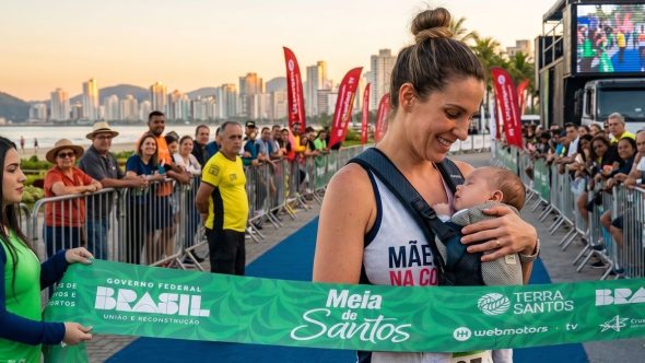 Corredora amamentando bebê em preparação para a 8ª Meia de Santos, unindo esporte e maternidade.