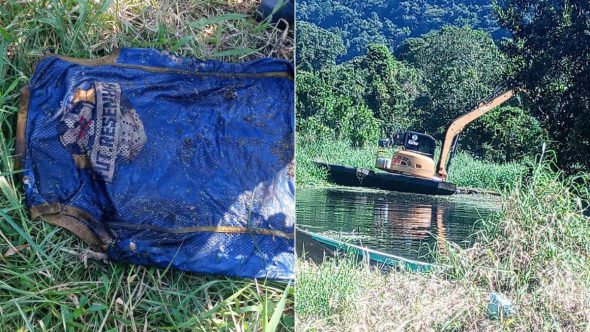 Ossada humana localizada em canal durante serviço de limpeza urbana em Mongaguá, litoral de São Paulo.