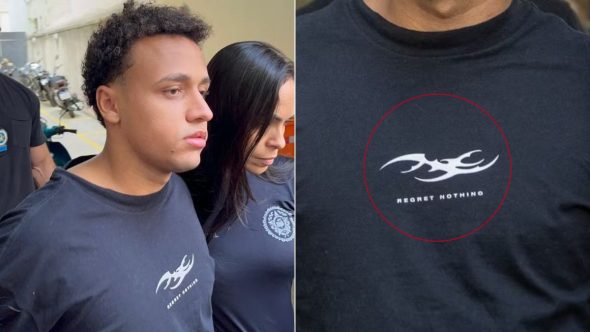 Réu do caso de estupro coletivo em Copacabana se entrega à polícia vestindo camiseta Regret Nothing.