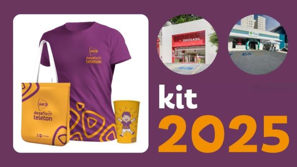 kit com camiseta, copo e ecobag; fachada da drogasil e droga raia
