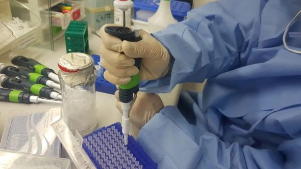 Laboratório científico da Unicamp com amostras biológicas, contextualizando a segurança de vírus em universidades.